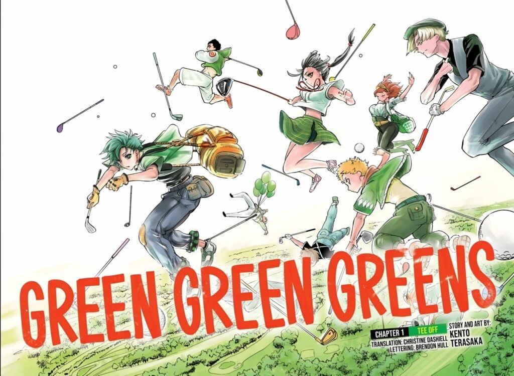 Double page titre du chapitre 1 de Green Green Greens&nbsp;: les personnages bondissent, clubs de golf en main