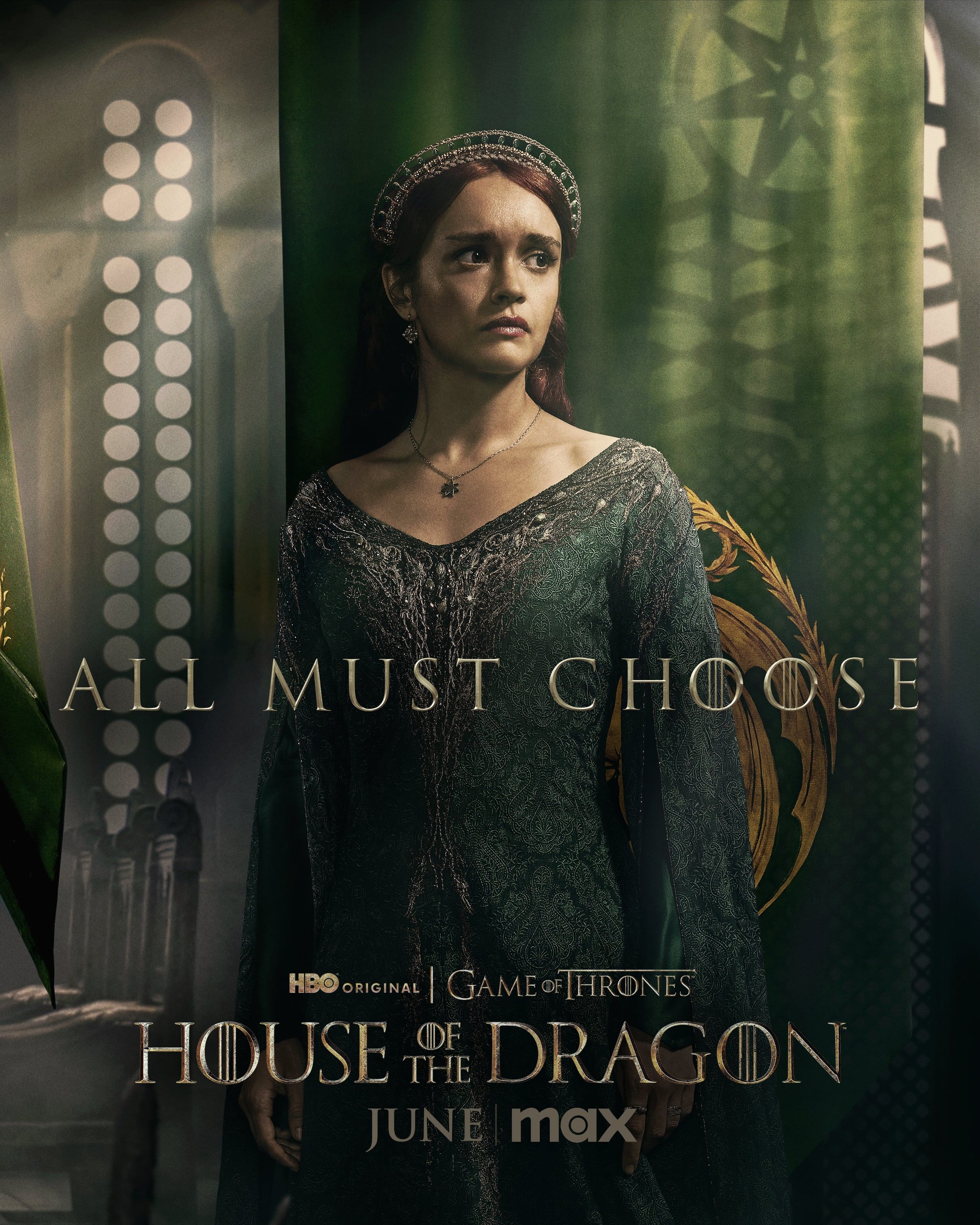 Affiche de la saison 2 de House of the Dragon&nbsp;: la reine Alicent en robe verte, «&nbsp;&nbsp;All Must Choose&nbsp;&nbsp;»