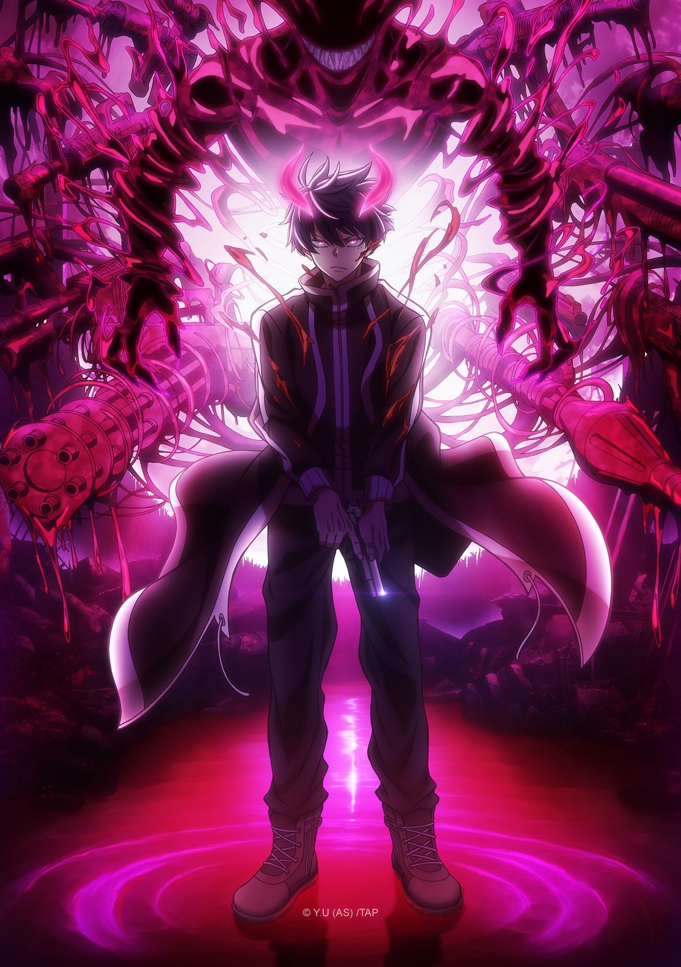 Premier visuel de l’animé Tougen Anki&nbsp;: Shiki, cornes rouges et pistolet en main, devant une créature de sang