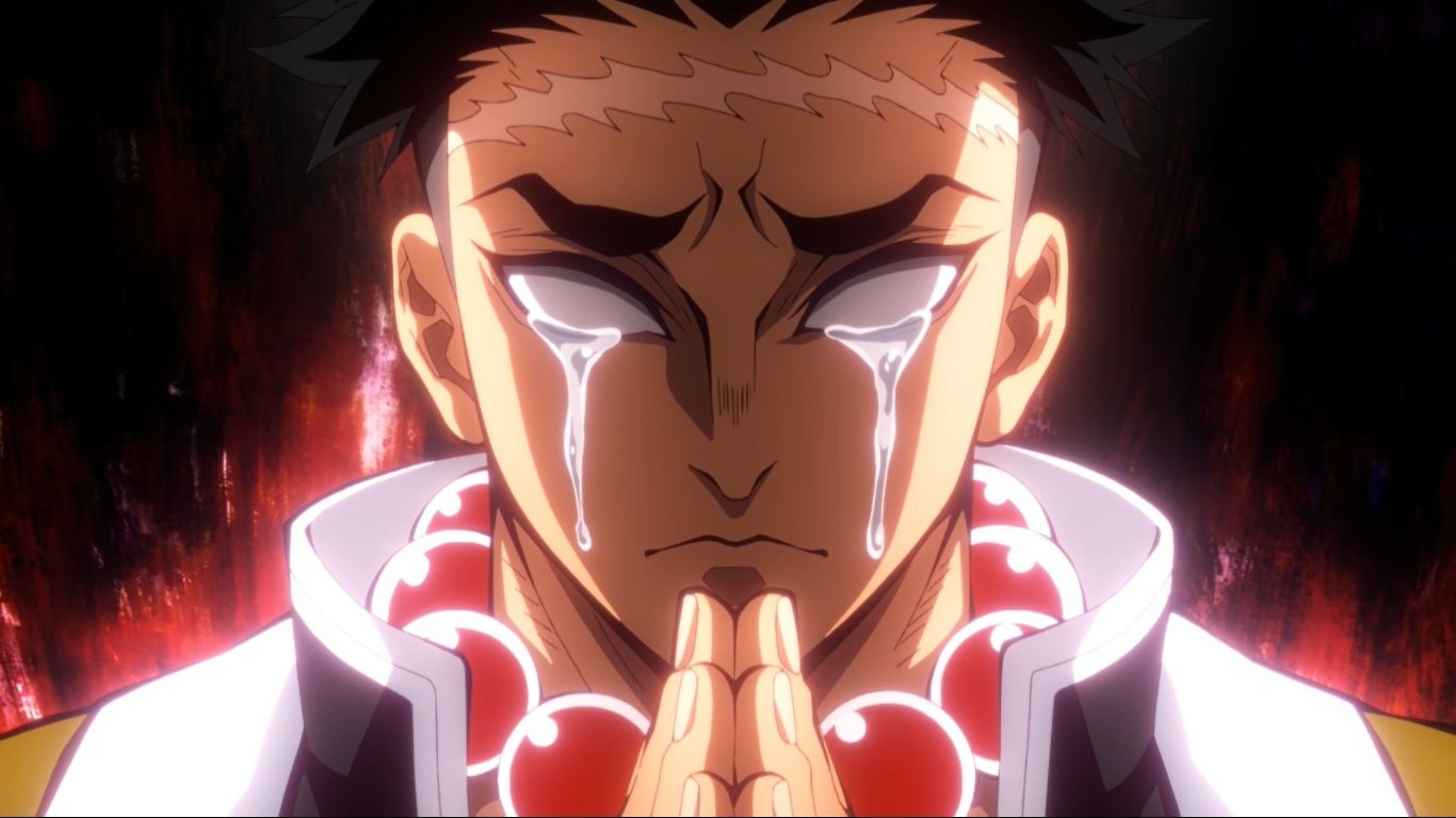 Capture de Demon Slayer saison 4&nbsp;: Gyomei Himejima pleure, mains jointes et chapelet au cou