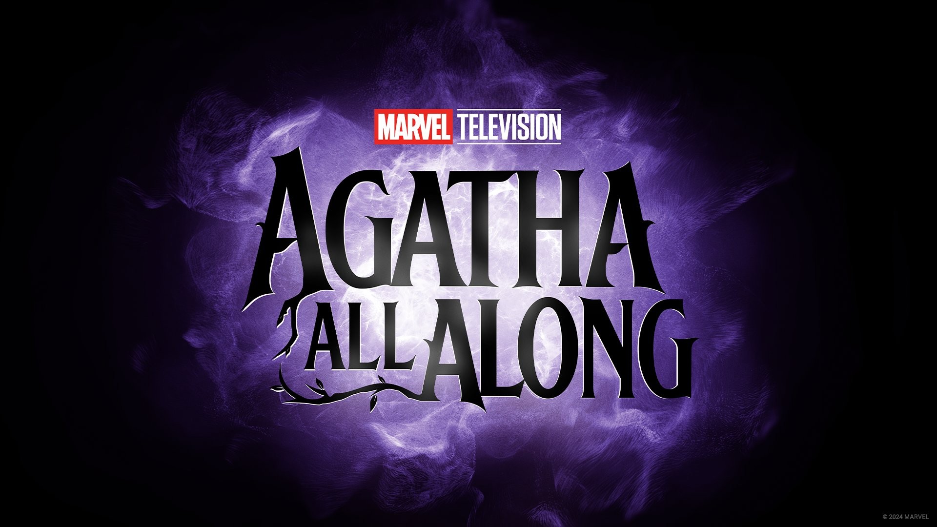 Logo d’Agatha All Along sur fond de fumée violette