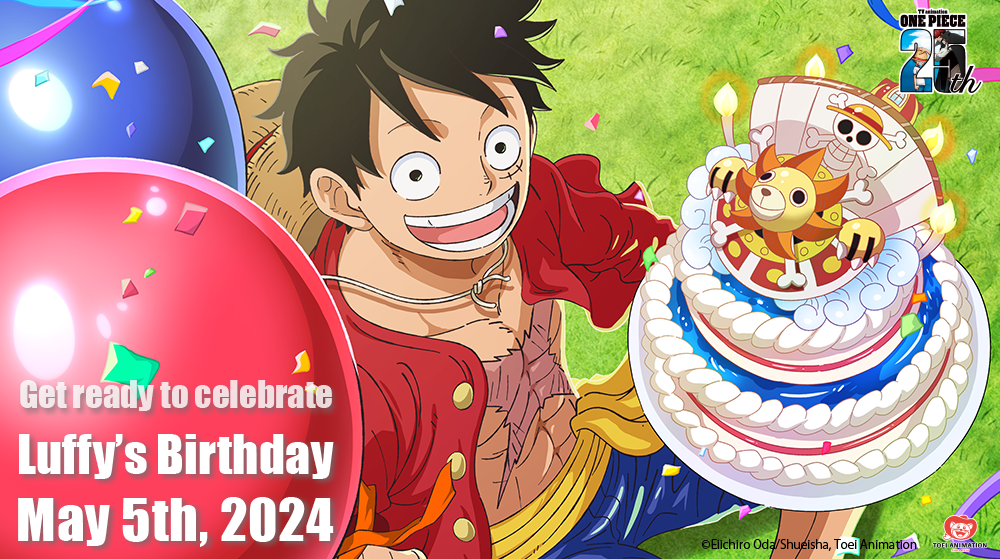 Visuel de la Toei Animation pour l’anniversaire de Luffy le 5 mai 2024&nbsp;: Luffy et un gâteau à bougies