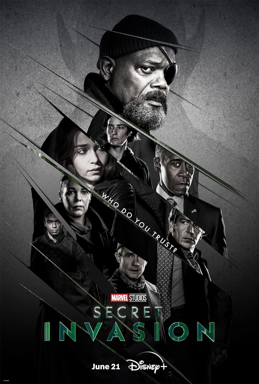 Affiche de la série Secret Invasion&nbsp;: Nick Fury et le casting en noir et blanc