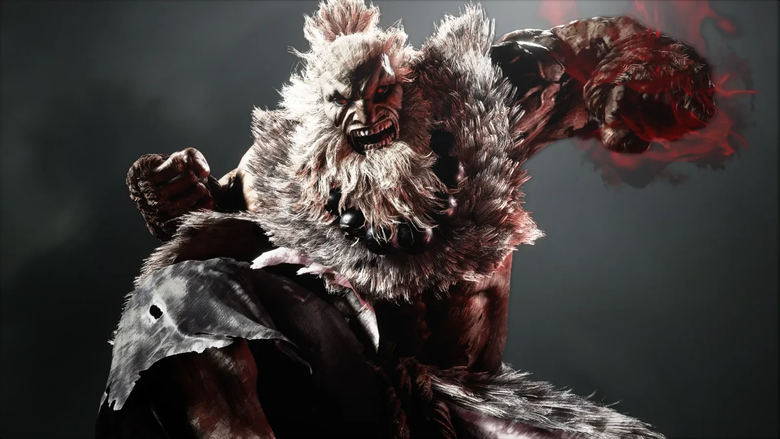 Akuma aux cheveux blancs hirsutes, chapelet autour du cou, poing nimbé d’une énergie rouge
