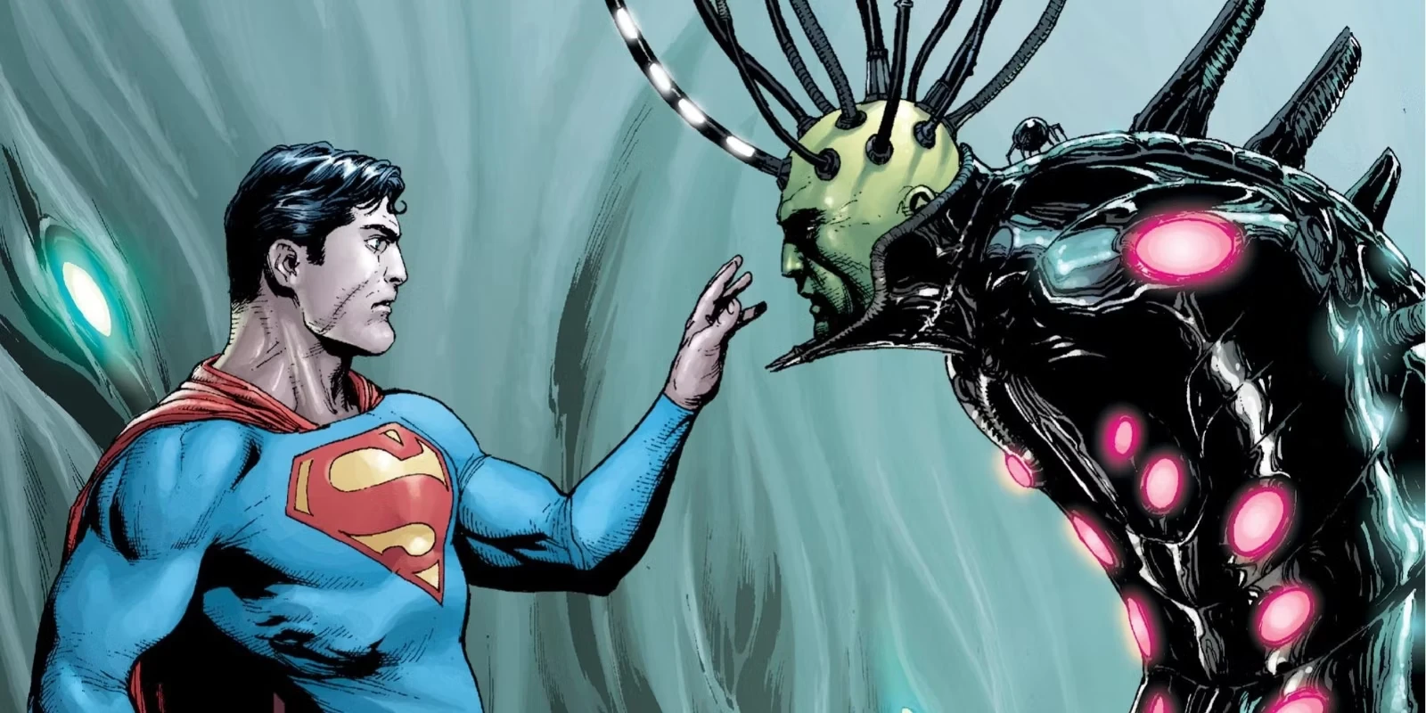 Superman face à Brainiac, crâne vert couvert de câbles, dans une case de comics