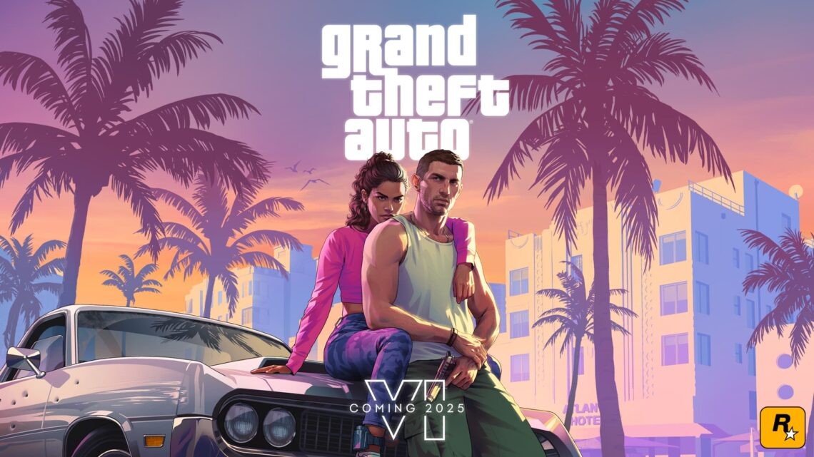 Visuel officiel de GTA VI&nbsp;: Lucia et Jason sur une voiture, devant des palmiers
