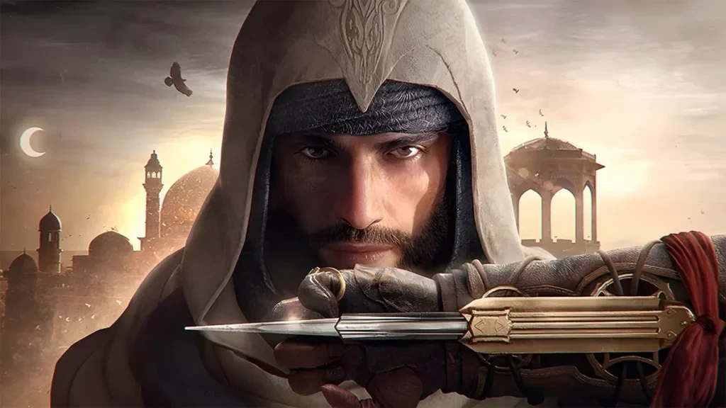 Basim, capuche blanche, déploie sa lame secrète devant les dômes de Bagdad dans Assassin’s Creed Mirage