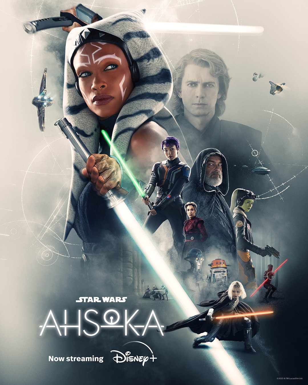 Affiche d’Ahsoka&nbsp;: Rosario Dawson en Ahsoka Tano, entourée des personnages de la série