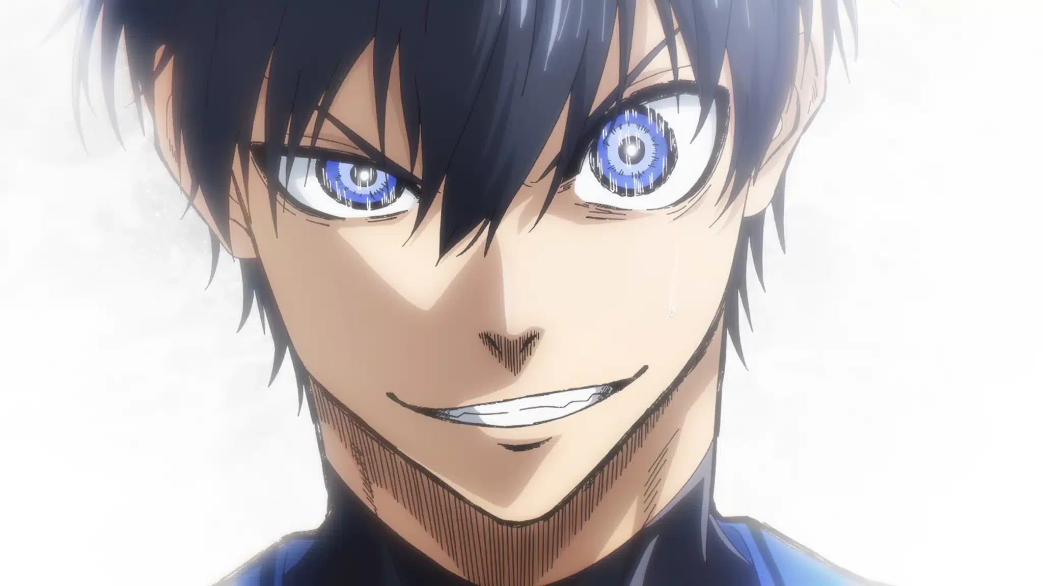 Capture de l’anime Blue Lock&nbsp;: Yoichi Isagi sourit, le regard intense