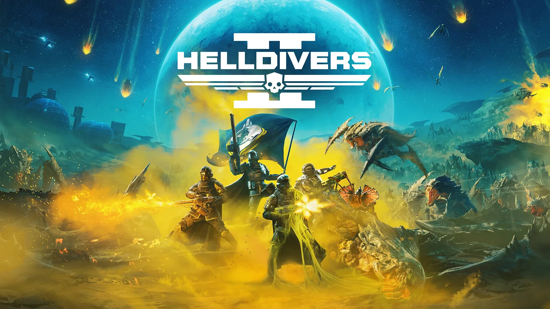 Logo de Helldivers 2 au-dessus d’une escouade de soldats combattant des créatures insectoïdes