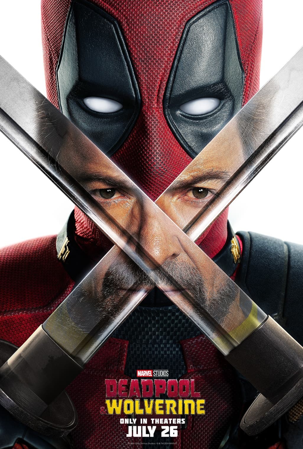 Affiche de Deadpool & Wolverine&nbsp;: Deadpool derrière deux sabres où se reflète Wolverine