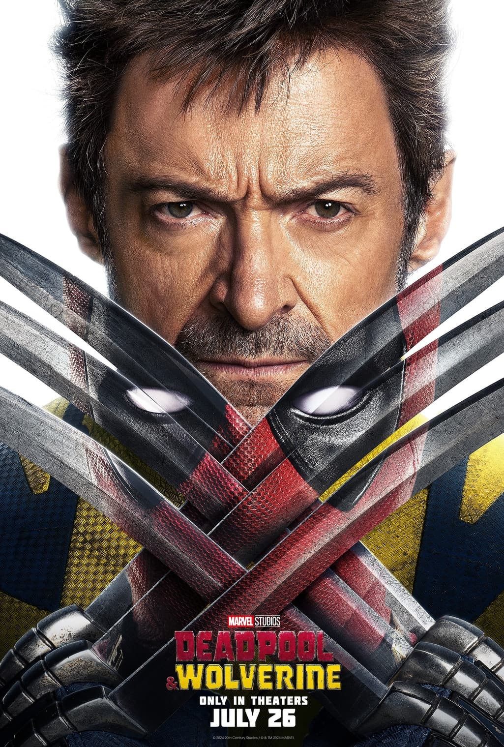 Affiche de Deadpool & Wolverine&nbsp;: Wolverine derrière ses griffes où se reflète Deadpool