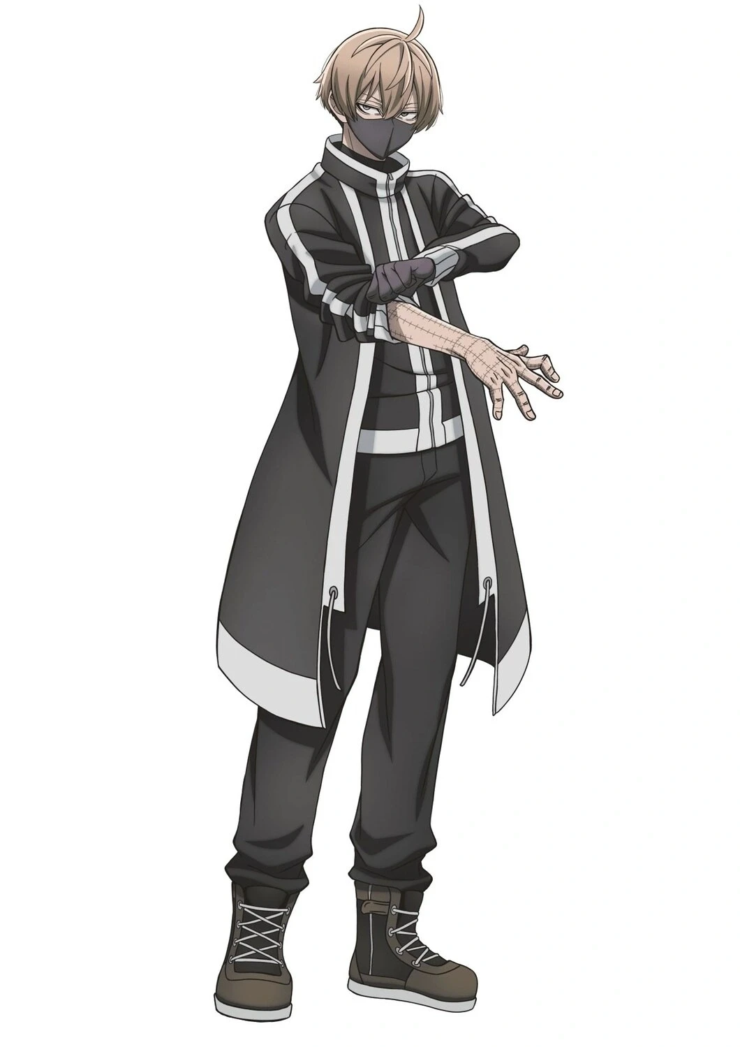 Chara-design de Jin Kougasaki pour l’animé Tougen Anki&nbsp;: masque noir et bras couvert de cicatrices