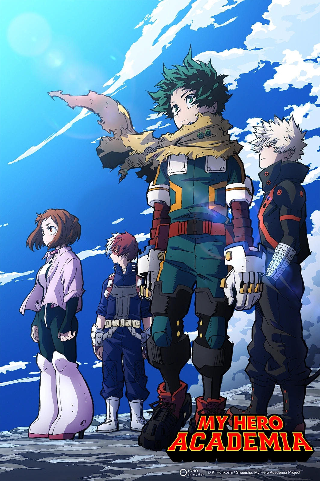 Affiche de la saison 7 de My Hero Academia&nbsp;: Deku, Bakugo, Todoroki et Ochaco sous un ciel bleu