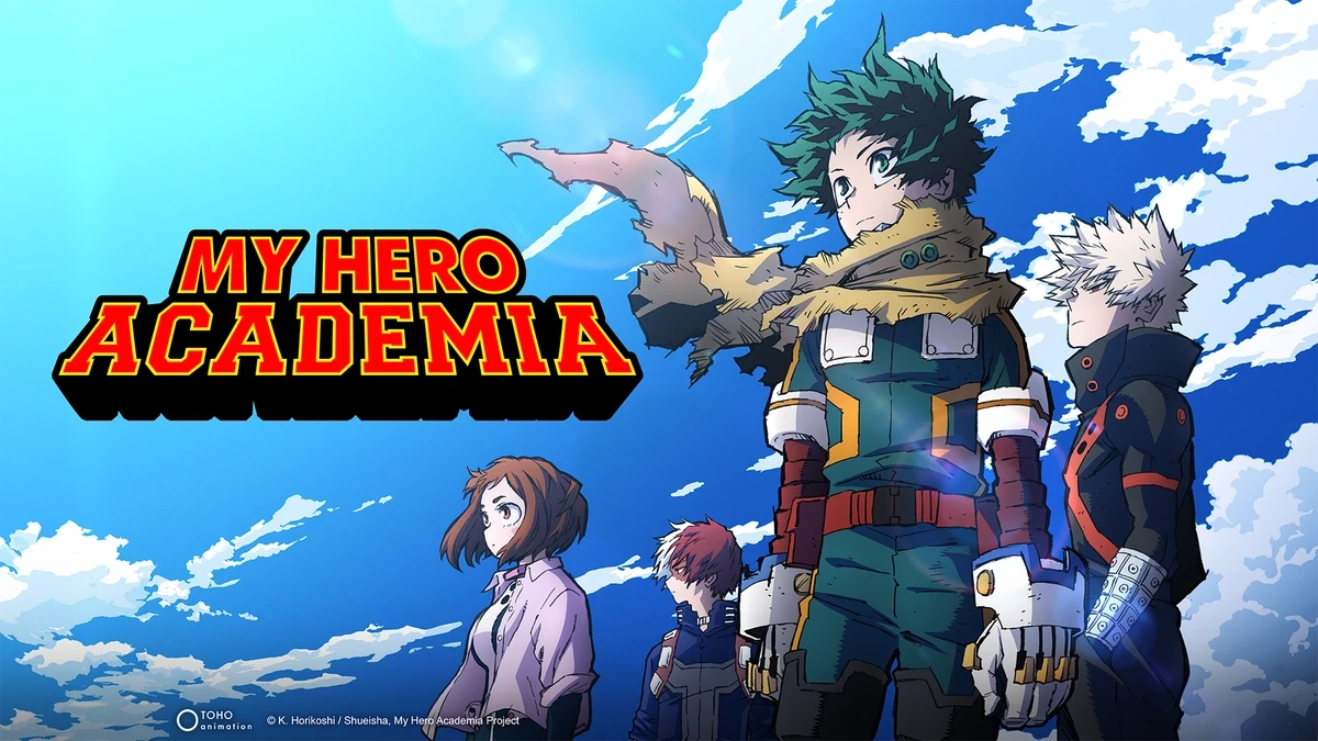 Visuel de My Hero Academia&nbsp;: Deku, Bakugo, Todoroki et Ochaco face au ciel bleu