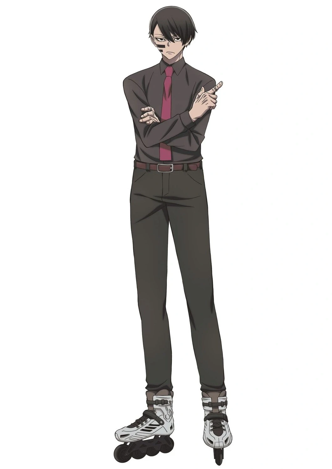 Chara-design de Naito Mudano pour l’animé Tougen Anki&nbsp;: chemise sombre, cravate rouge et rollers aux pieds