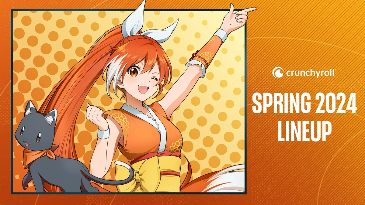 Visuel de la saison de printemps 2024 de Crunchyroll&nbsp;: Hime, la mascotte, accompagnée d’un chat noir