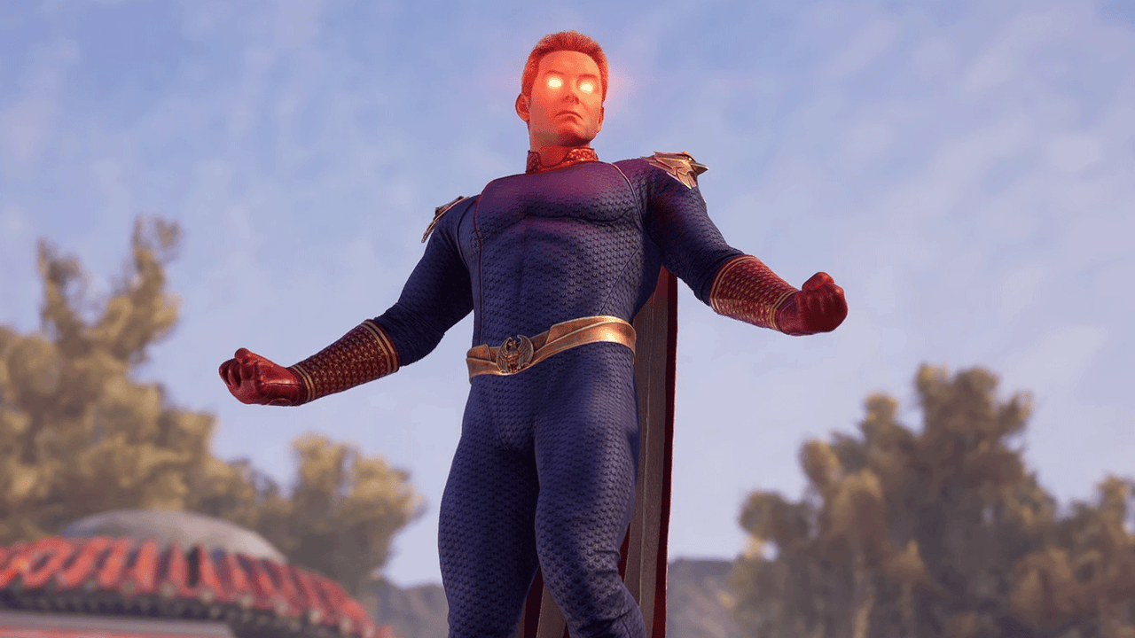 Le Homelander dans Mortal Kombat 1, poings serrés et yeux rougeoyants, dans les airs