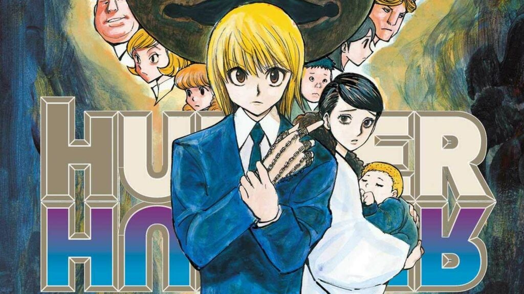 Illustration de Hunter x Hunter : Kurapika en costume devant le logo, une femme tenant un bébé derrière lui