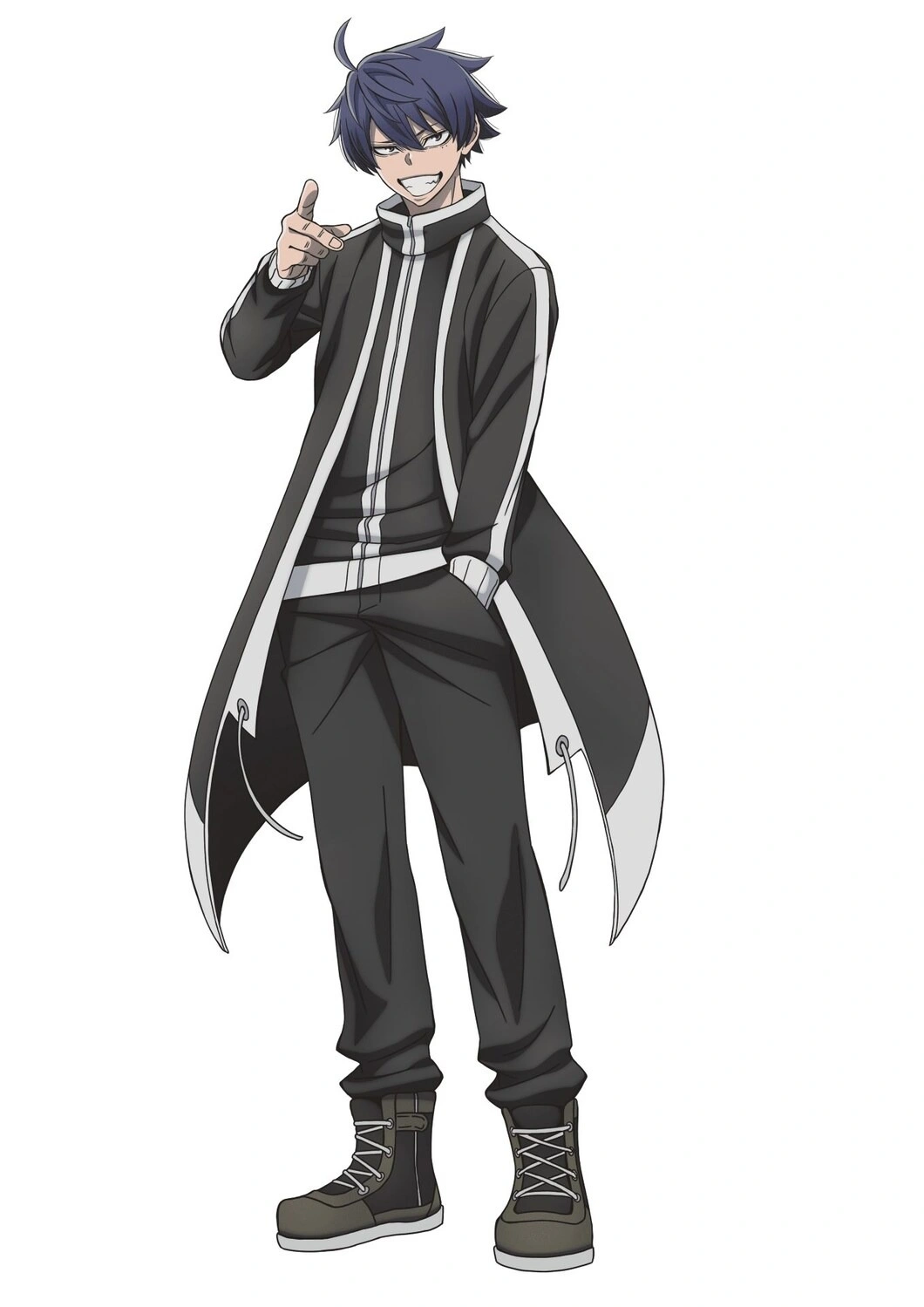 Chara-design de Shiki Ichinose pour l’animé Tougen Anki, en long manteau noir, souriant et pointant du doigt