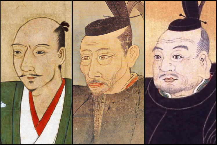 Portraits peints d’Oda Nobunaga, Toyotomi Hideyoshi et Tokugawa Ieyasu côte à côte