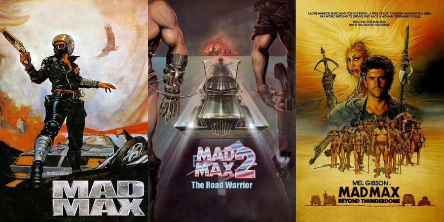 Affiches des trois premiers films&nbsp;: Mad Max, Mad Max 2 et Mad Max Beyond Thunderdome