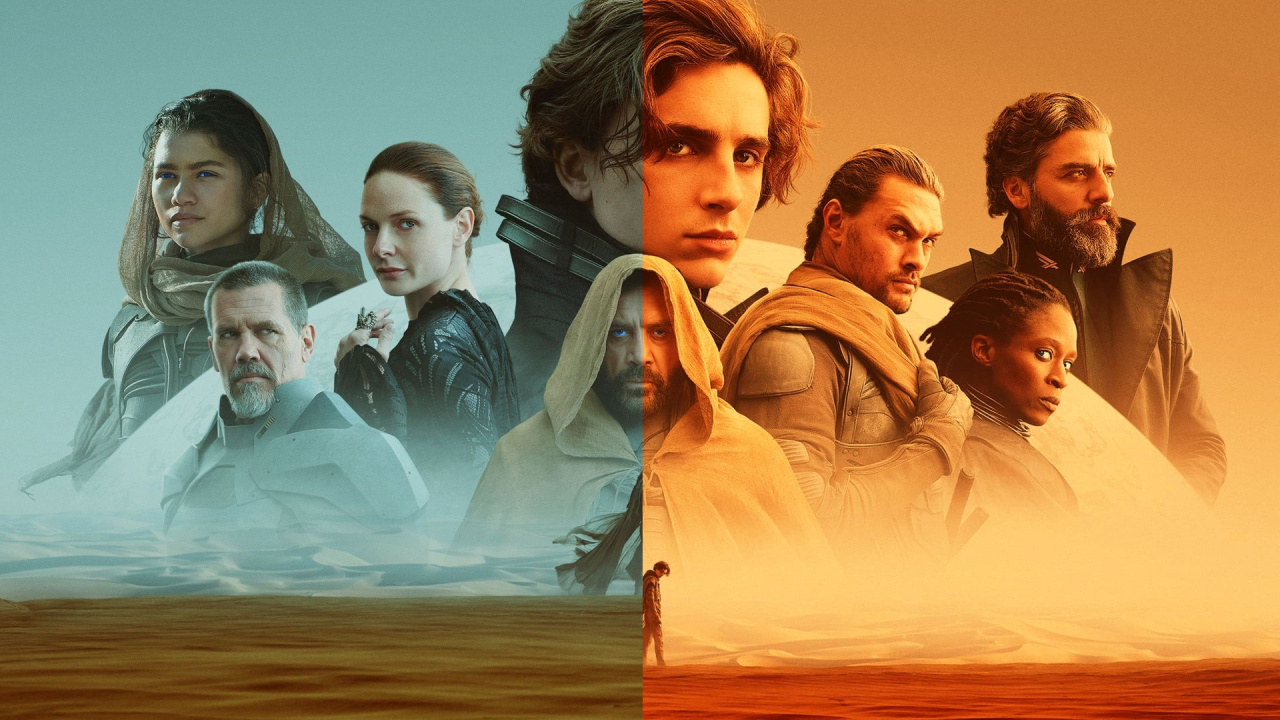 Visuel du film Dune (2021) réunissant Paul, Chani, Jessica et les autres personnages sur fond de désert