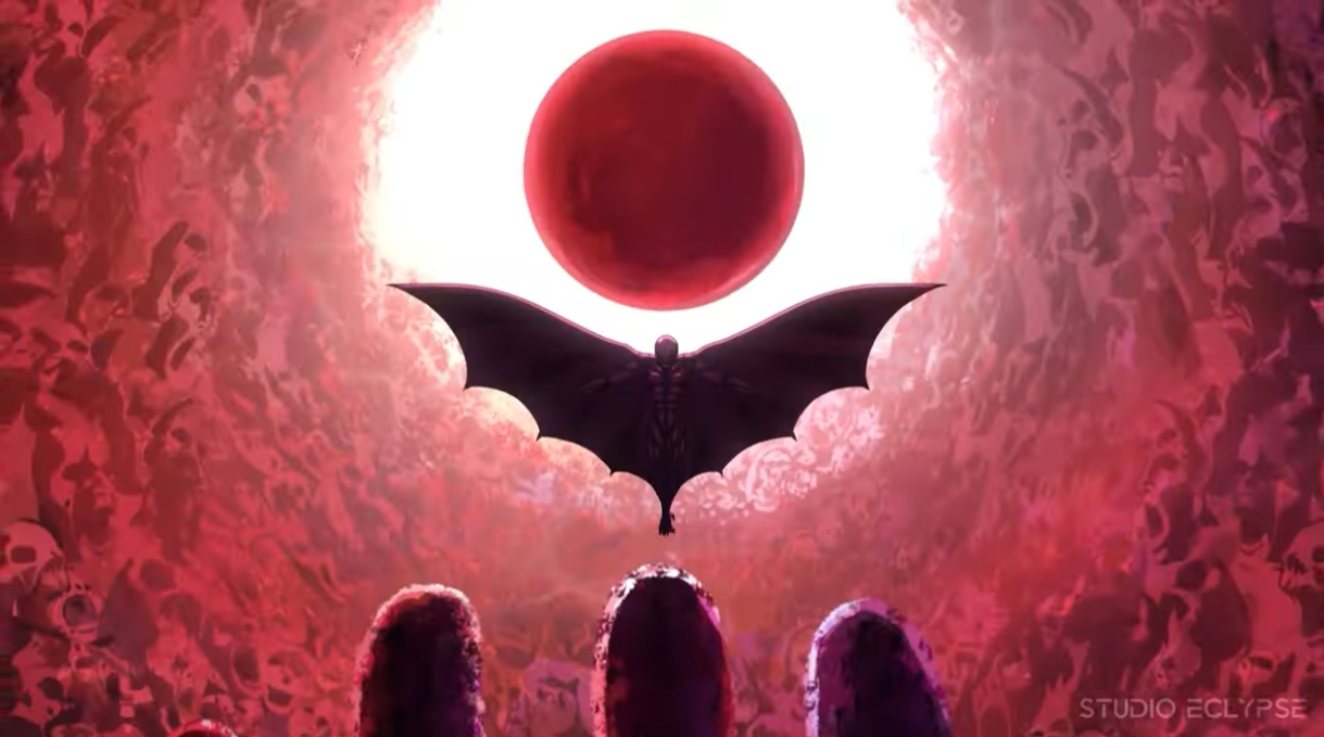 Capture de BERSERK: The Black Swordsman&nbsp;: une silhouette ailée plane sous une éclipse rouge