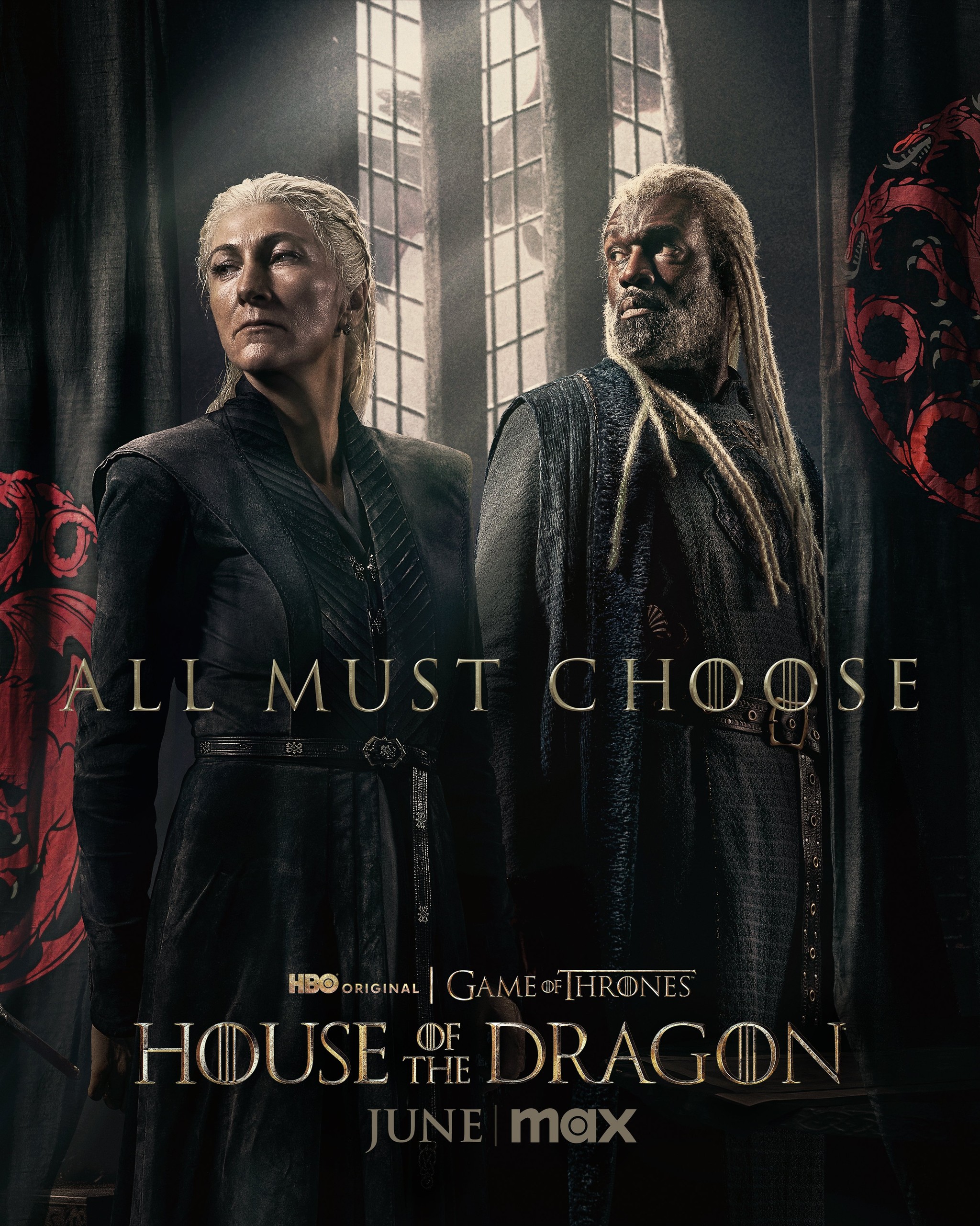 Affiche de la saison 2 de House of the Dragon&nbsp;: Rhaenys et Corlys Velaryon côte à côte