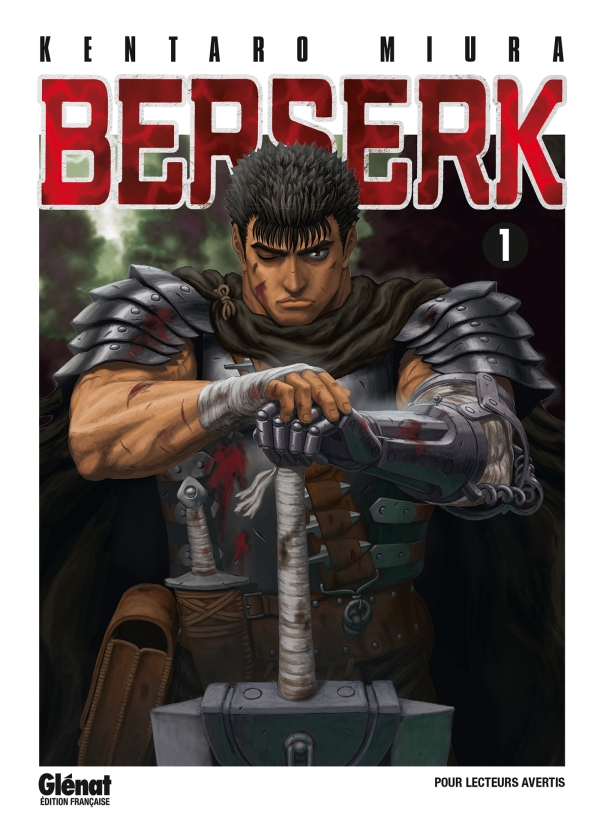 Couverture du tome 1 de Berserk chez Glénat&nbsp;: Guts appuyé sur son épée