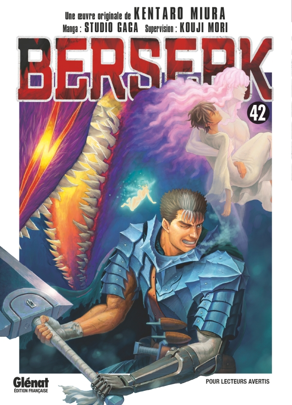 Couverture du tome 42 de Berserk chez Glénat, supervisé par Kouji Mori&nbsp;: Guts en armure, épée en main