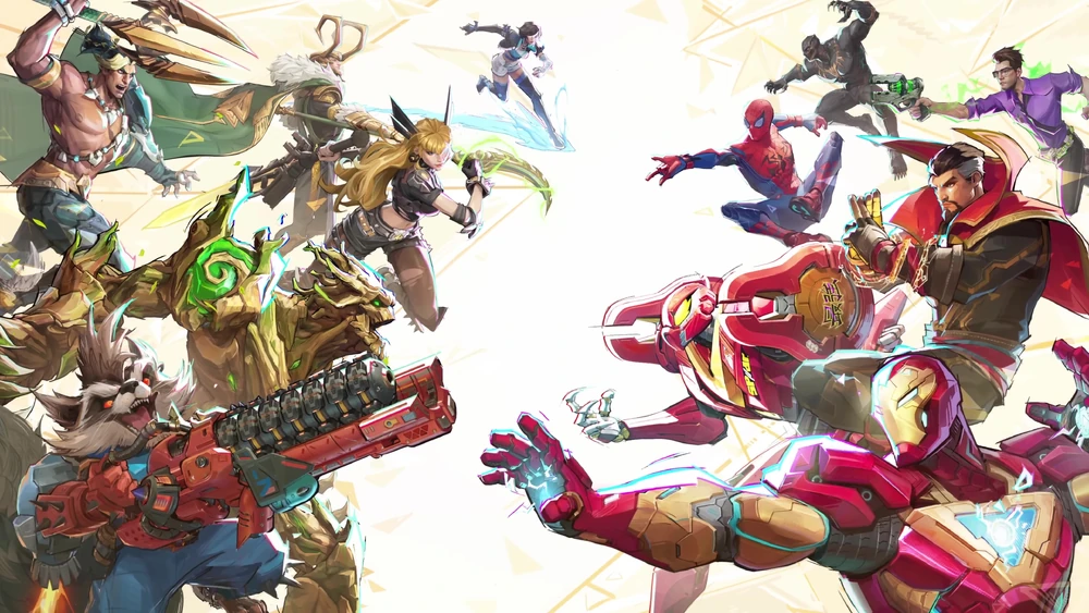 Illustration de Marvel Rivals&nbsp;: Iron Man, Spider-Man, Doctor Strange, Groot, Rocket et d’autres héros s’affrontent