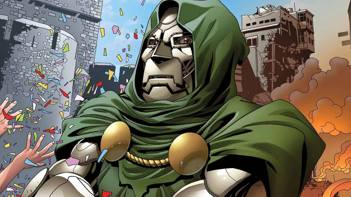 Doctor Doom en armure et capuche verte, dans une case de comics