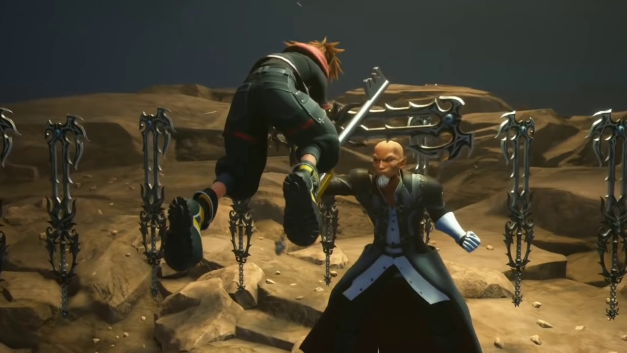 Sora bondit, Keyblade en main, face à Xehanort au milieu de Keyblades plantées dans le sol