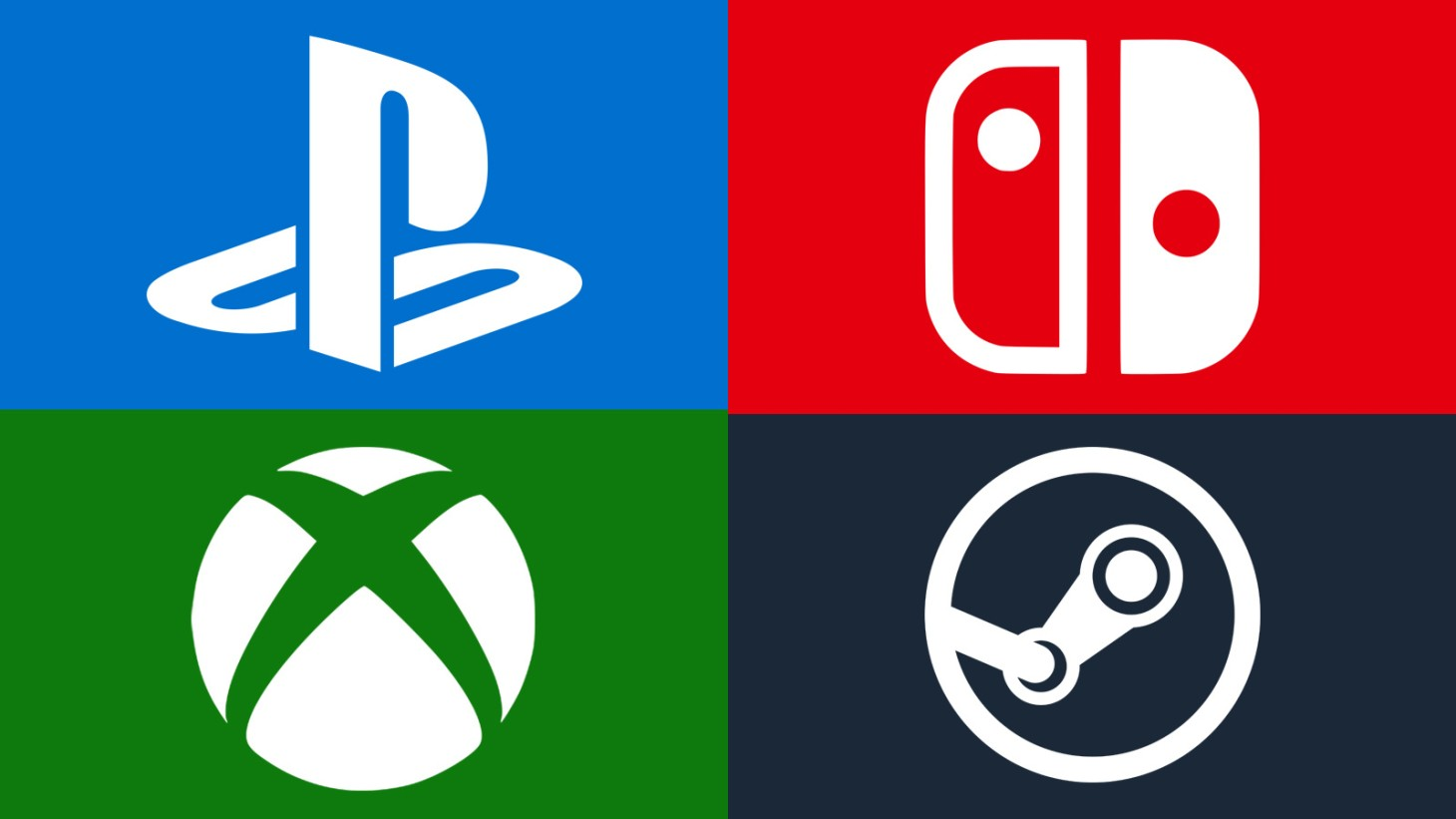 Logos PlayStation, Nintendo Switch, Xbox et Steam réunis en quatre cases