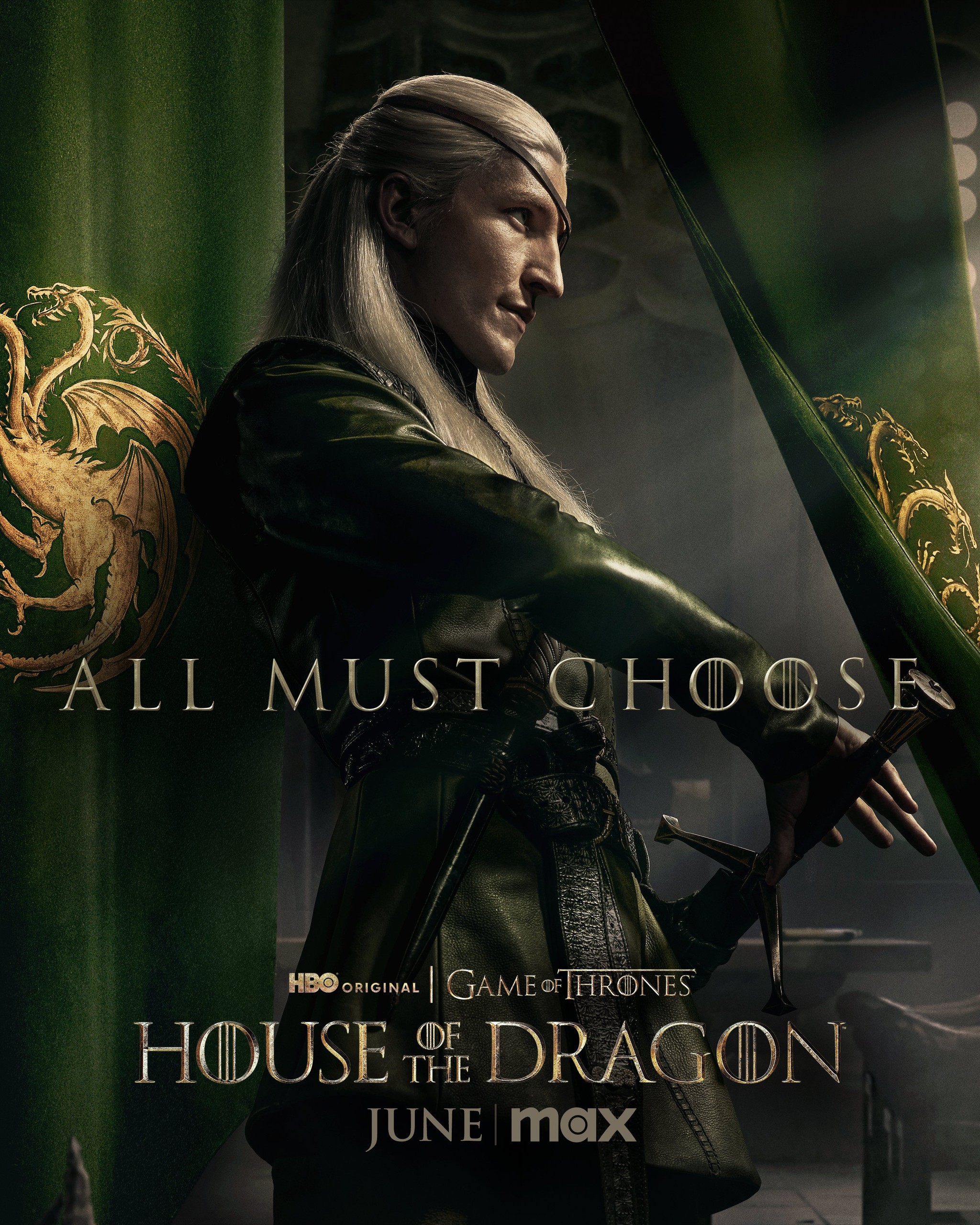Affiche de la saison 2 de House of the Dragon&nbsp;: Aemond, bandeau sur l’œil, la main sur son épée