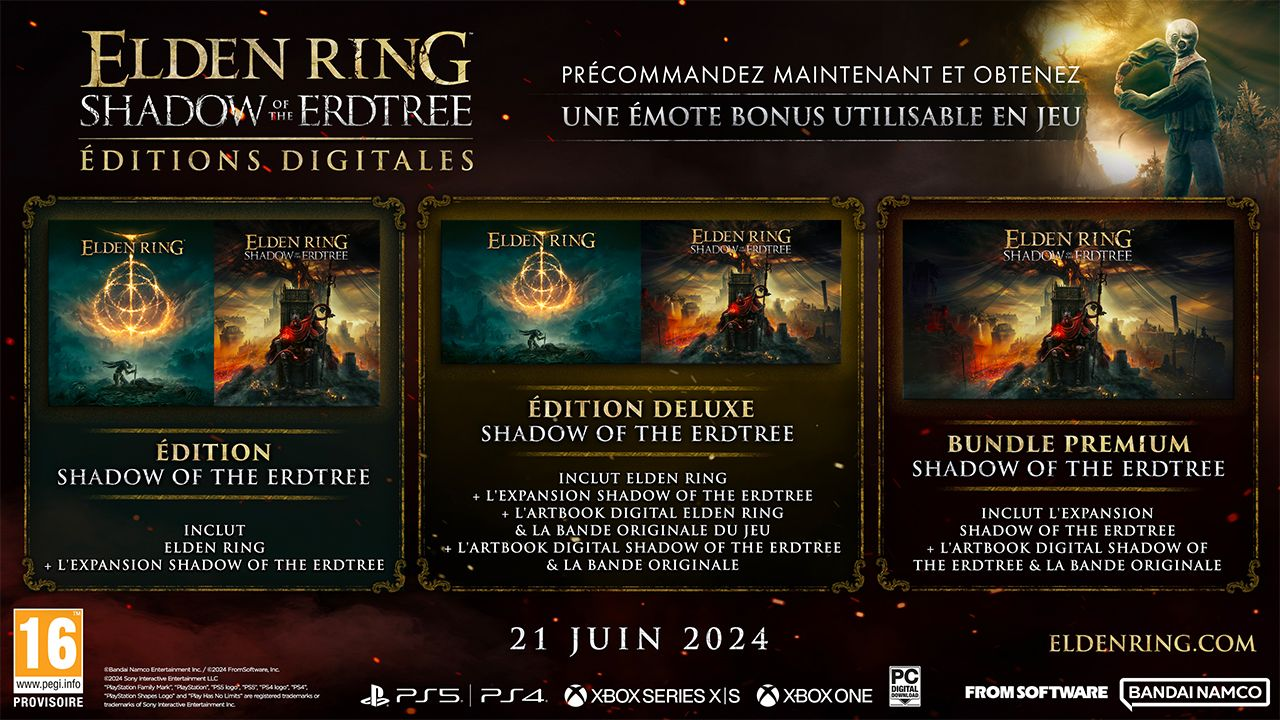 Les trois éditions numériques de Shadow of the Erdtree et leur contenu, sortie le 21 juin 2024