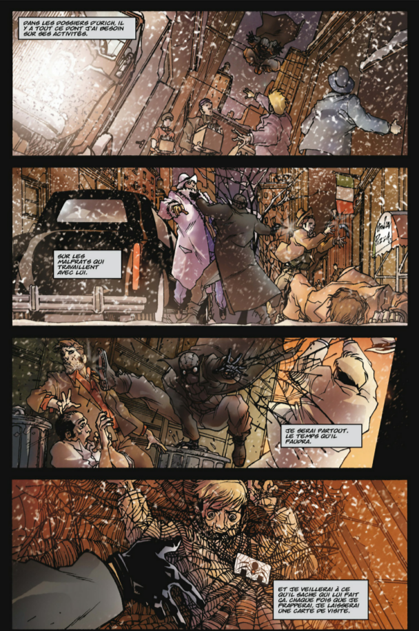 Planche du comic&nbsp;: Spider-Man Noir traque les malfrats du Bouffon dans les rues enneigées