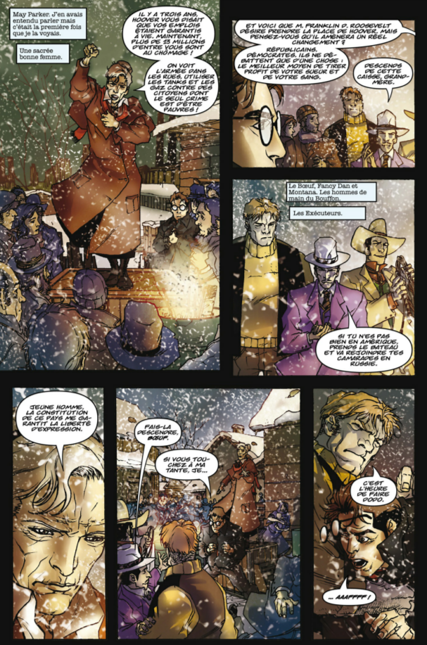 Planche du comic&nbsp;: la tante May harangue la foule pendant que les hommes du Bouffon approchent