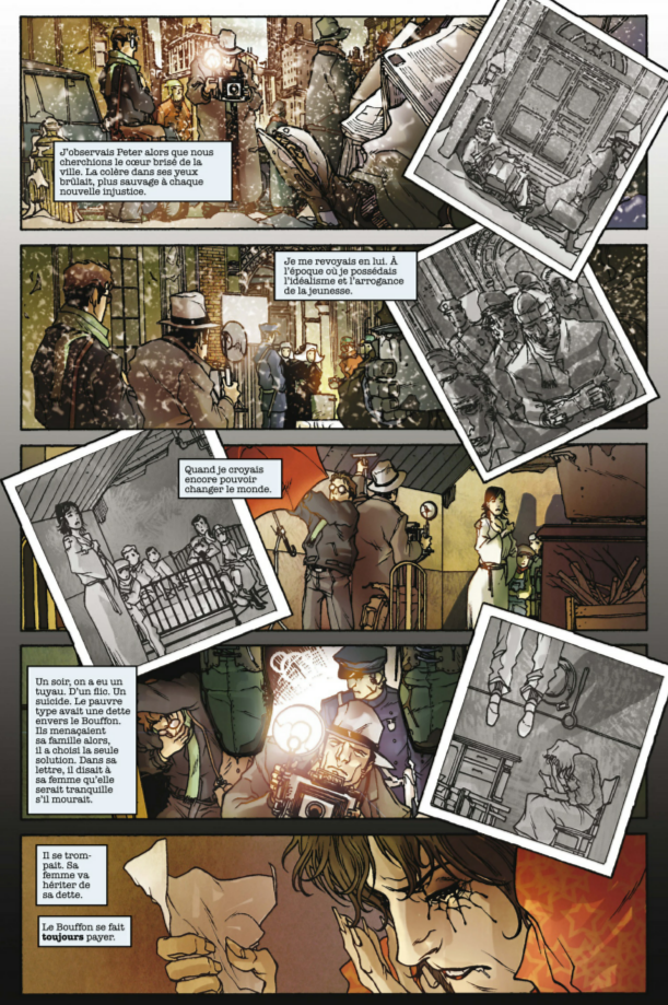 Planche du comic&nbsp;: Peter et Ben Urich enquêtent sur un suicide lié aux dettes envers le Bouffon