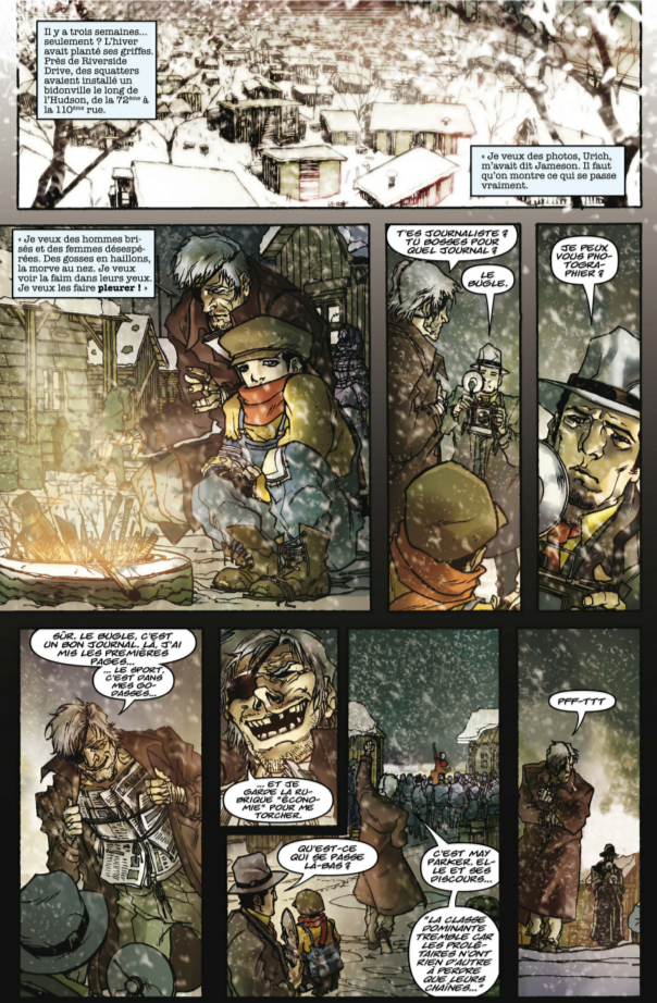Planche du comic&nbsp;: un bidonville enneigé de New York et un photographe du Bugle