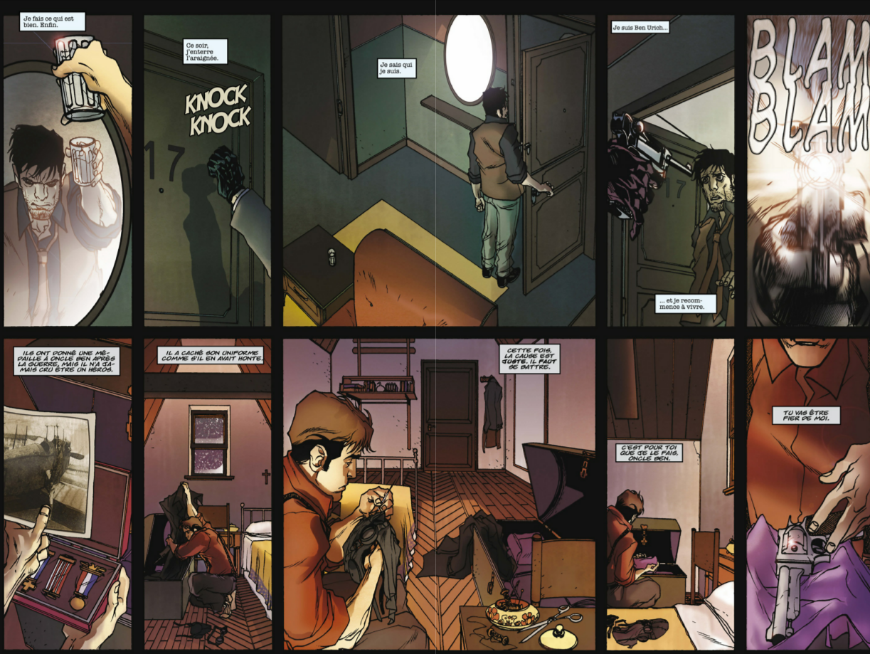 Double page du comic&nbsp;: Ben Urich ouvre à un tireur, Peter récupère le revolver de l’oncle Ben