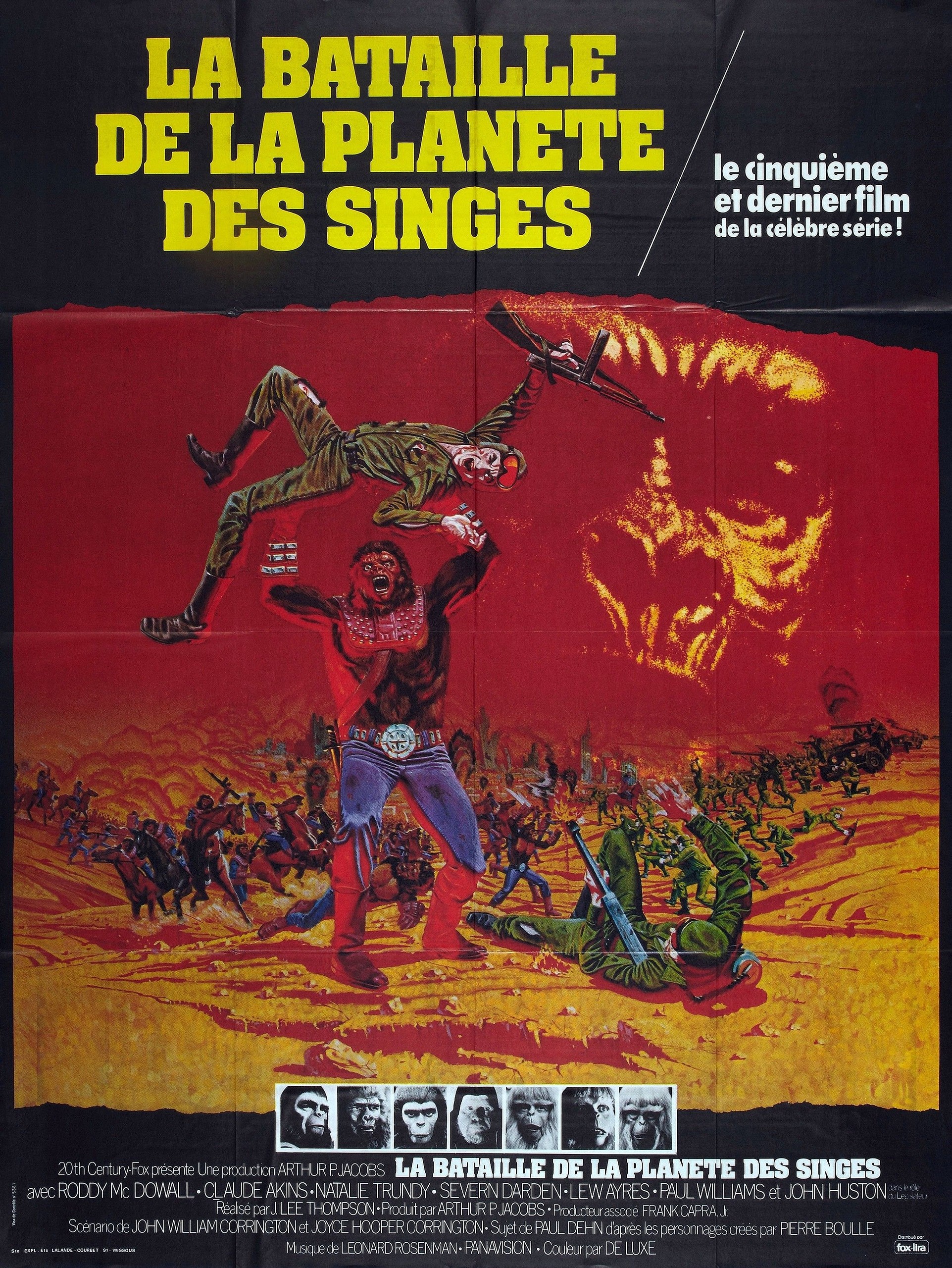 Affiche française de La Bataille de la planète des singes&nbsp;: un gorille soulève un soldat