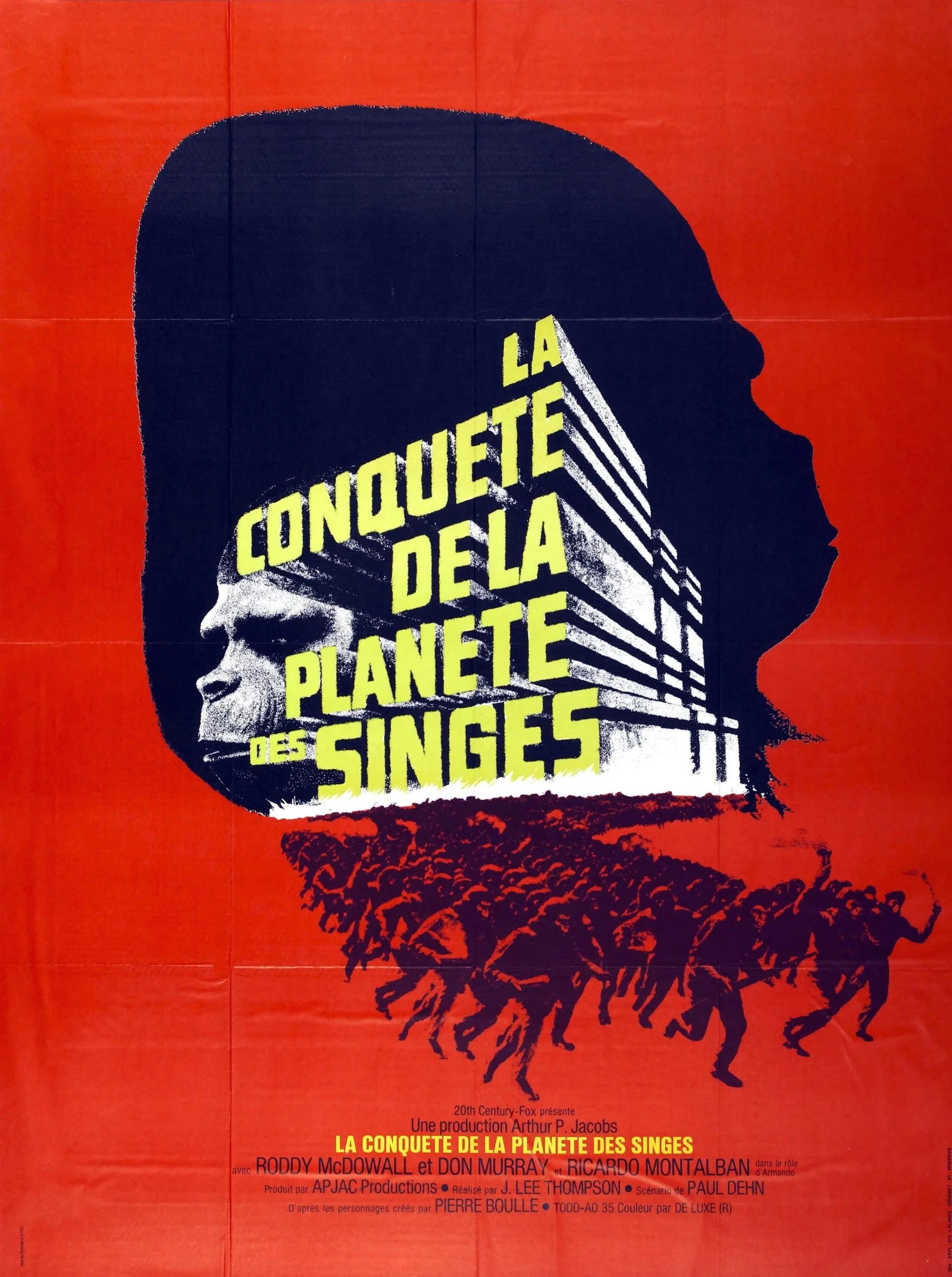 Affiche française de La Conquête de la planète des singes&nbsp;: silhouette de singe sur fond rouge