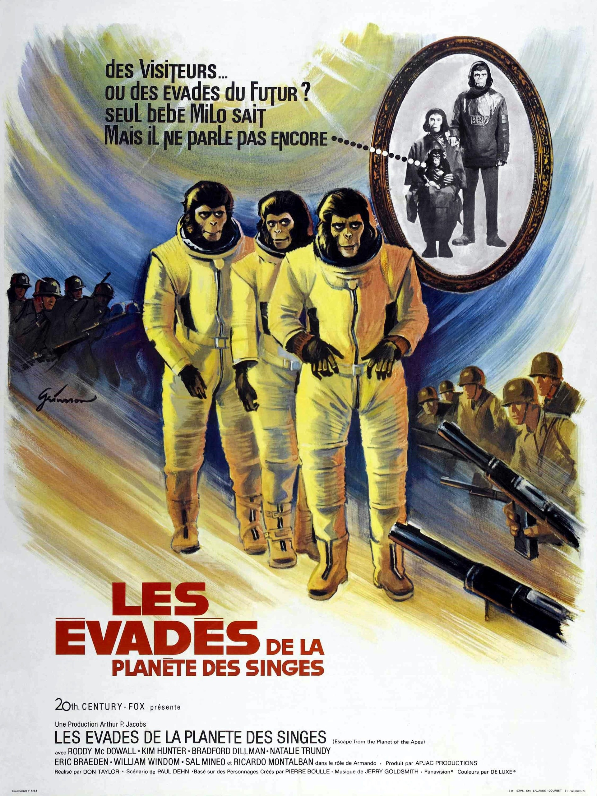 Affiche française des Évadés de la planète des singes&nbsp;: trois singes en combinaison spatiale