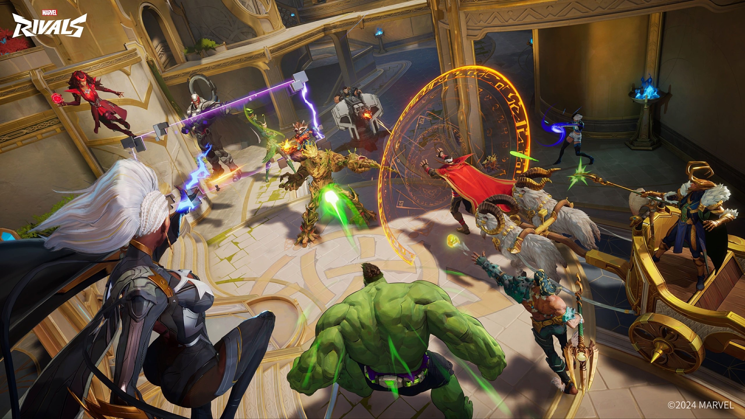 Capture de Marvel Rivals&nbsp;: Hulk, Tornade, Groot, Doctor Strange et Loki combattent dans un palais doré