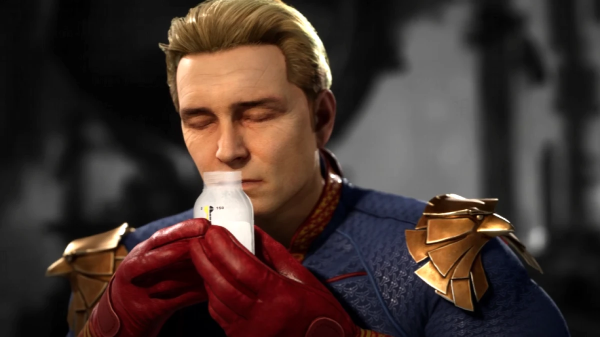 Le Homelander, yeux fermés, savoure une bouteille de lait dans Mortal Kombat 1
