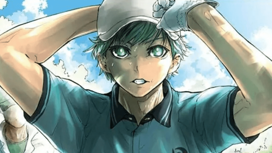 Haku Yaesaki, héros de Green Green Greens, en casquette et polo de golf sous un ciel bleu