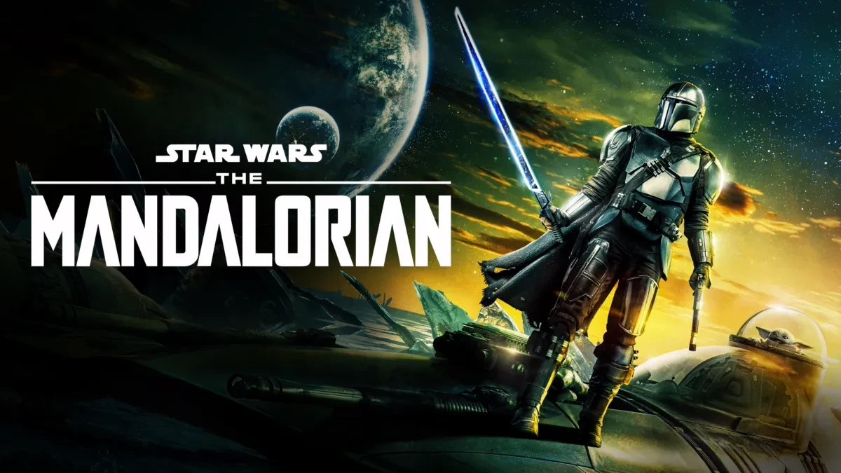Visuel de The Mandalorian&nbsp;: le Mandalorien, sabre noir en main, Grogu à ses côtés