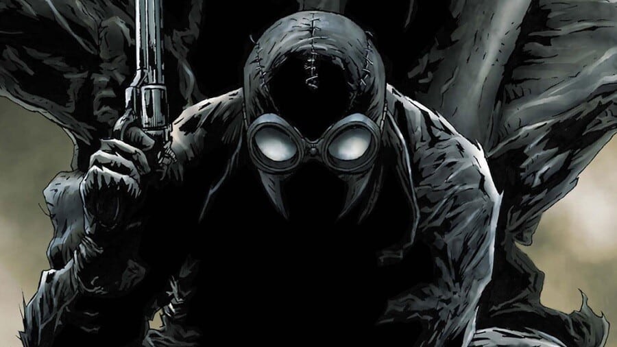 Spider-Man Noir, masque cousu et lunettes d’aviateur, brandit un revolver